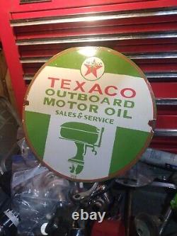 16 Inch Porcelain Enamel Metal Service Station Sign Gas & Oil Texaco Outboard