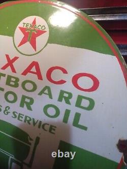 16 Inch Porcelain Enamel Metal Service Station Sign Gas & Oil Texaco Outboard