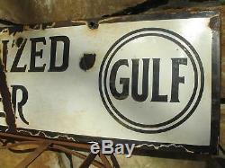 1930's GULF Service Station Sign Oil Gas Dealer Double Sided Porcelain Enamel