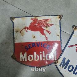 2x Vintage Mobil Porcelain Sign 1954 Gas Station Service Mobiloil Pegasus Peggy