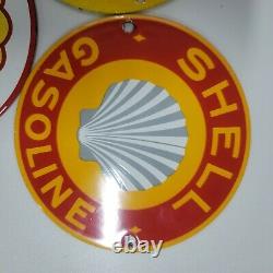 3x Vintage Shell Gasoline Porcelain Standard Oil Gas Service Station Pump Sign