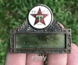 Antique brass & enamel TEXACO gas/oil advertising service station name badge