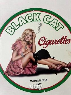 Black Cat Cigrettes Porcelain Pinup Babe Gas Oil Station Service Pump Ad Sign