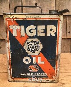 Early Vintage 1 Gal TIGER OIL Motor Oil Tin Can Gas Service Station Cool Graphic