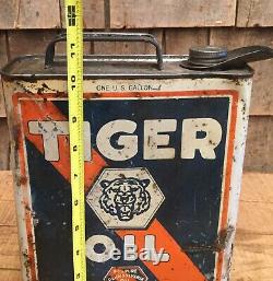 Early Vintage 1 Gal TIGER OIL Motor Oil Tin Can Gas Service Station Cool Graphic