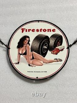 Firestone Tires Pinup Bikini Babe Porcelain Gas Oil Sales Service Station Sign