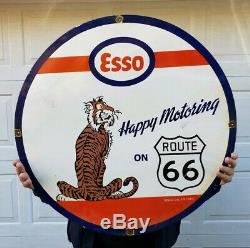 Large Esso Gasoline Porcelain Tiger Gas Oil Service Station Us Route 66 Sign