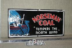 Norseman Coal Porcelain Sign Oil Gas Service Garage Station Viking Train
