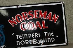 Norseman Coal Porcelain Sign Oil Gas Service Garage Station Viking Train
