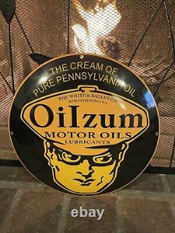 Oilzum Motor Oil Steel Porcelain Sign Gas Pump Station Service Lubester Gasoline
