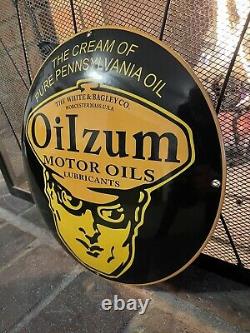 Oilzum Motor Oil Steel Porcelain Sign Gas Pump Station Service Lubester Gasoline