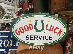 Porcelain Good Luck Service Sign Gas Oil Car Truck Pump Station