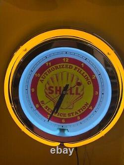Shell Oil Gas Service Station Man Cave YELLOW Neon Wall Clock Advertising Sign