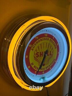 Shell Oil Gas Service Station Man Cave YELLOW Neon Wall Clock Advertising Sign