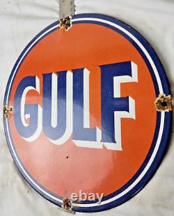 Vintage 11 3/4 Gulf Porcelain Sign Pump Plate Gas Station Oil Service Station
