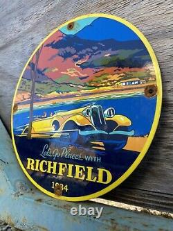 Vintage 1934 Richfield Porcelain Sign Metal Gas Station Oil Lube Auto Service