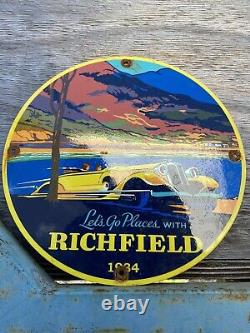 Vintage 1934 Richfield Porcelain Sign Metal Gas Station Oil Lube Auto Service