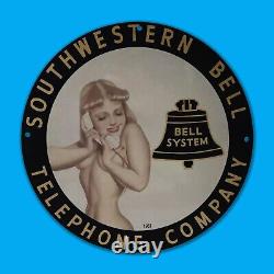 Vintage 1963 Bell System Girl Gas Station Service Man Cave Oil Porcelain Sign