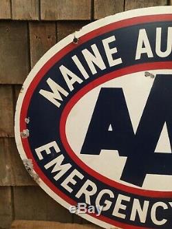 Vintage 2 Sided Porcelain MAINE AUTO EMERGENCY SERVICE AAA Gas Station Sign