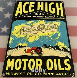 Vintage Ace High Motor Oil Porcelain Sign Gas Station Pump Plate Service Lube