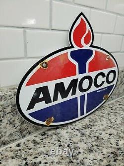 Vintage Amoco Porcelain Sign 1964 Torch American Oil Gas Station Service Garage