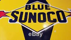 Vintage Blue Sunoco Gasoline Porcelain Gas Service Station Pump Plate Ad Sign