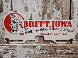 Vintage Britt Iowa Porcelain Sign Topper Hobo Convention Oil Gas Station Service