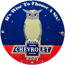 Vintage Chevrolet Porcelain Wise Owl Sign Sales & Service Gas Station Motor Oil