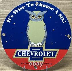 Vintage Chevrolet Porcelain Wise Owl Sign Sales & Service Gas Station Motor Oil