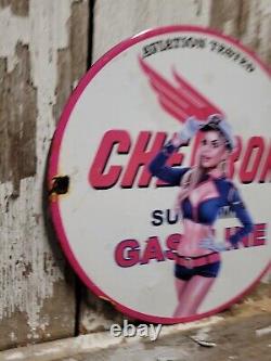 Vintage Chevron Porcelain Sign Gas Station Oil Service Sailor Woman Garage Sales