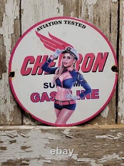 Vintage Chevron Porcelain Sign Gas Station Oil Service Sailor Woman Garage Sales