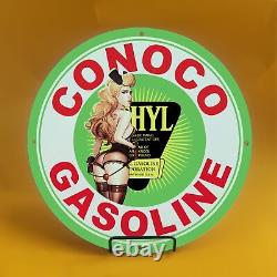 Vintage Conoco Girl Gasoline Porcelain Gas Service Station Auto Pump Plate Sign