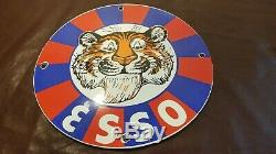 Vintage Esso Gasoline Porcelain Metal Tiger Ad Gas Service Station Pump Sign