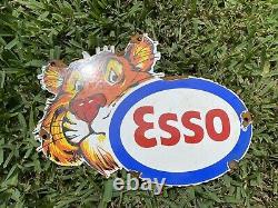 Vintage Esso Gasoline Porcelain Sign Metal Oil Gas Pump Station Tiger Service