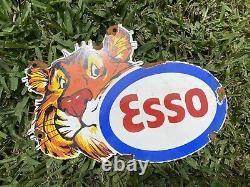 Vintage Esso Gasoline Porcelain Sign Metal Oil Gas Pump Station Tiger Service