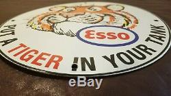Vintage Esso Gasoline Porcelain Tiger Tank Gas Service Station Pump Plate Sign