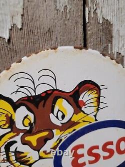 Vintage Esso Porcelain Sign Gas Station Oil Service Tiger 6 Pump Plate Lube USA