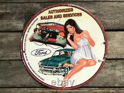 Vintage Ford Gasoline Porcelain Gas Service Station Oil Pump Plate Sign