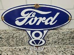 Vintage Ford V8 Porcelain Sign Motor Oil Gas Station Service Truck Car Dealer