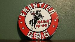 Vintage Frontier Gasoline Porcelain Gas Metal Service Station Cowboy Pump Sign