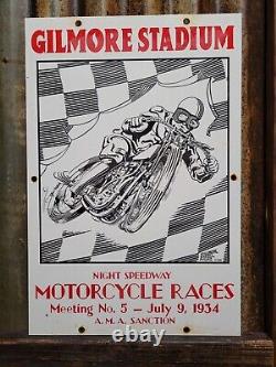 Vintage Gilmore Porcelain Sign 1934 Motorcycle Race Car Oil Gas Station Service