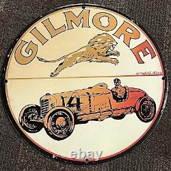 Vintage Gilmore Porcelain Sign Gas Oil Motor Auto Service Pump Station Lion Fly