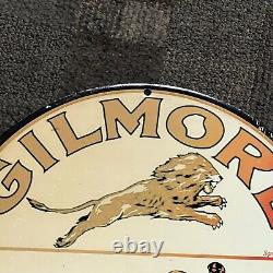 Vintage Gilmore Porcelain Sign Gas Oil Motor Auto Service Pump Station Lion Fly