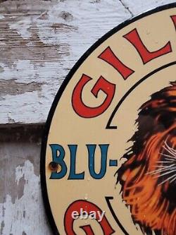 Vintage Gilmore Porcelain Sign Oil Blu-green Gas Station Service Pump Plate Lion