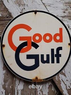 Vintage Good Gulf Porcelain Sign Oil Gas Station Service Pump Plate Garage Shop