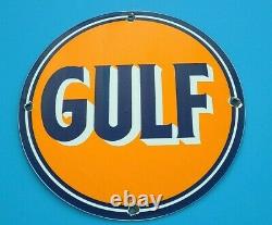 Vintage Gulf Gasoline Porcelain Gas Motor Oil Service Station Pump Plate Sign