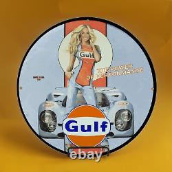 Vintage Gulf Girl Gasoline Porcelain Gas Service Station Pump Plate Sign