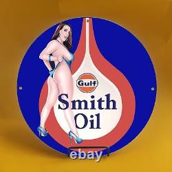 Vintage Gulf Oil Gasoline Porcelain Gas Service Station Auto Pump Plate Sign