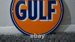 Vintage Gulf Porcelain Sign Gas Motor Service Station Pump Plate Oil Rare Ad