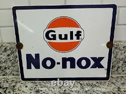 Vintage Gulf Porcelain Sign Motor Oil Gas Station Service Pump Plate No Nox Fuel
